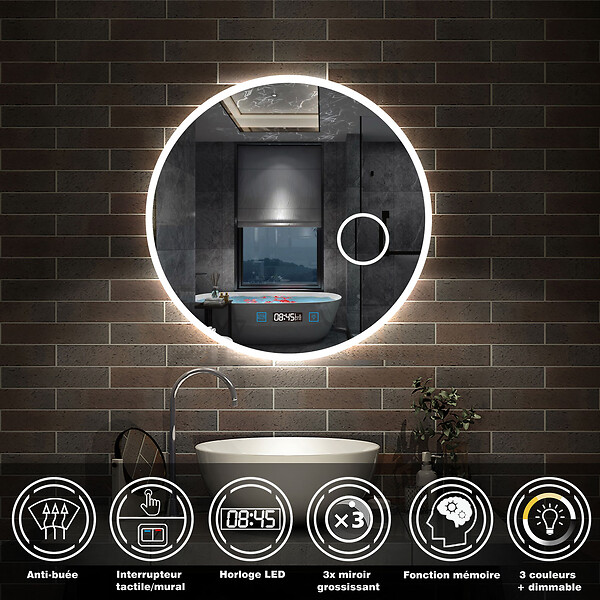 AICA SANITAIRE - AICA Miroir rond de salle de bain 60cm LED tricolore horloge + loupe + anti-buée + mémoire - large