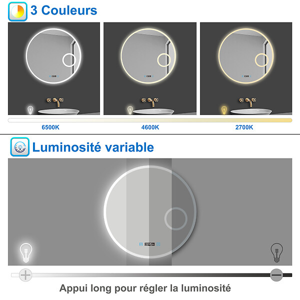 AICA SANITAIRE - AICA Miroir rond de salle de bain 60cm LED tricolore horloge + loupe + anti-buée + mémoire - large