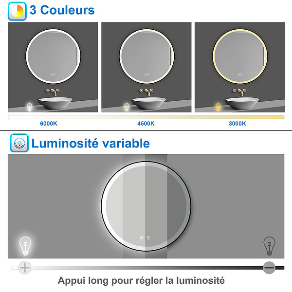 AICA SANITAIRE - AICA Miroir de salle de bain LED rond 60cm avec cadre noir, tricolore + anti-buée + mémoire + gradation infinie - large