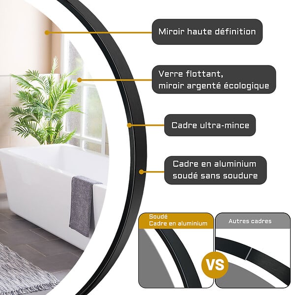 AICA SANITAIRE - AICA Miroir de salle de bain LED rond 60cm avec cadre noir, tricolore + anti-buée + mémoire + gradation infinie - large
