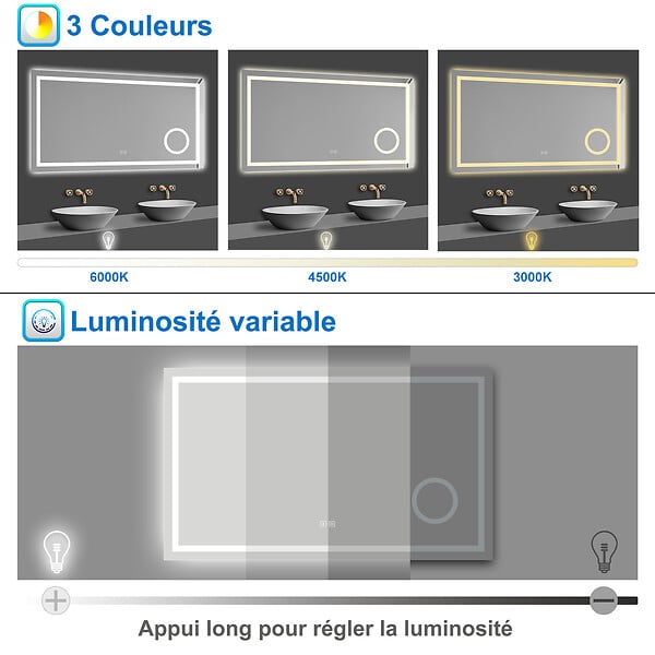 AICA SANITAIRE - AICA Miroir de salle de bain Bluetooth 140x80 cm, LED tricolore + loupe + mémoire + dimmable + anti-buée, IP44 - large