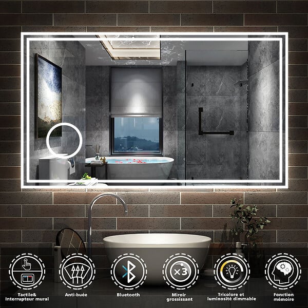 AICA SANITAIRE - AICA Miroir salle de bain Bluetooth 140x80cm tricolore avec loupe 3x, dimmable, mémoire et anti-buée, IP44 Miroir LED - large