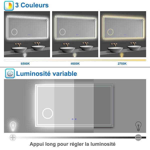 AICA SANITAIRE - AICA Miroir salle de bain Bluetooth 140x80cm tricolore avec loupe 3x, dimmable, mémoire et anti-buée, IP44 Miroir LED - large