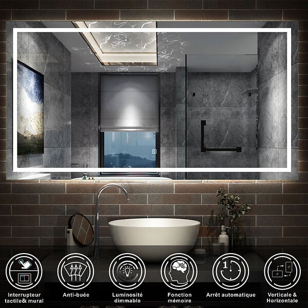 AICA SANITAIRE - AICA Miroir de salle de bain LED dimmable, avec mémoire et anti-buée, 140x70cm, IP44 - large