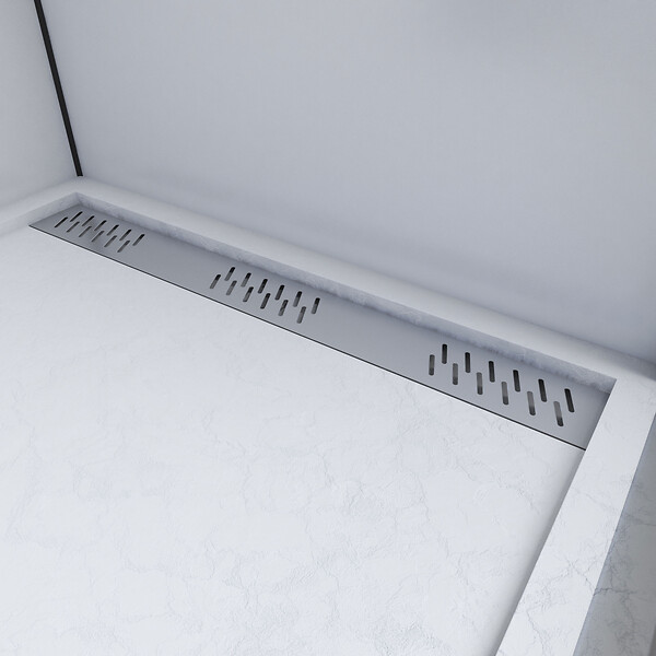 AURLANE - Receveur en acrylique Blanc Effet Pierre 80x120x4 cm - Grille Linéaire Chrome - MOON - large