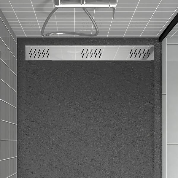 AURLANE - Receveur en acrylique Gris Effet Pierre 90x120x4 cm - Grille Linéaire Chrome - METEORA - large