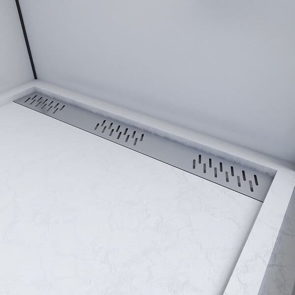 AURLANE - Receveur en acrylique Blanc Effet Pierre 80x100x4 cm - Grille Linéaire Chrome - MOON - large