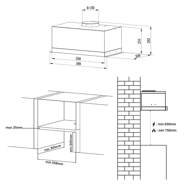 CIARRA - CIARRA Hotte Encastrable 60cm Groupe Filtrant 650m³/h 3 Vitesses Recyclage ou Evacuation Inox CD6926AS - large