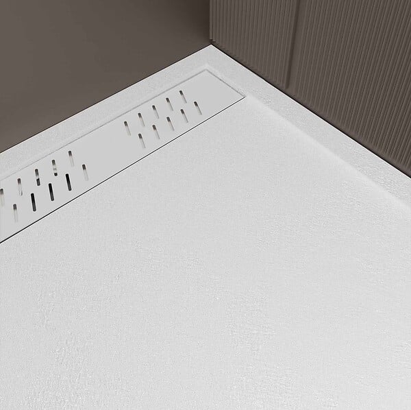 AURLANE - Receveur de douche en résine blanc 80x140x3 cm effet pierre granit + grille linéaire blanche mate - large