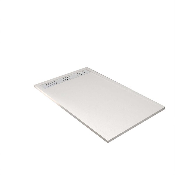 AURLANE - Receveur de douche en résine blanc 80x140x3 cm effet pierre granit + grille linéaire blanche mate - large