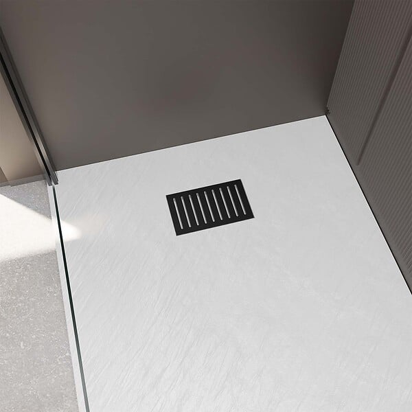 AURLANE - Receveur de douche Blanc Effet Pierre 90x120 cm et Grille décor Linéaire Noire Mate - large