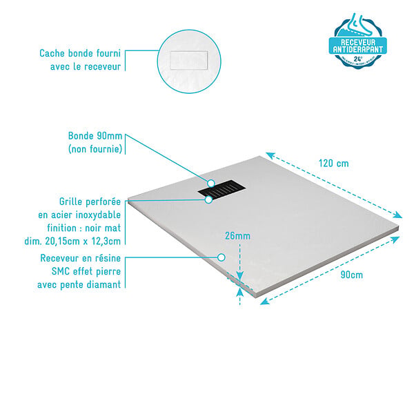 AURLANE - Receveur de douche Blanc Effet Pierre 90x120 cm et Grille décor Linéaire Noire Mate - large