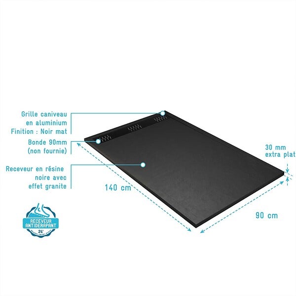 AURLANE - Receveur de douche en résine noir 90x140x3 cm effet pierre granit + grille linéaire noire mate - large
