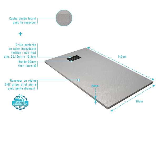 AURLANE - Receveur de douche Gris Effet Pierre 90x140 cm et Grille décor Linéaire Noire Mate - large