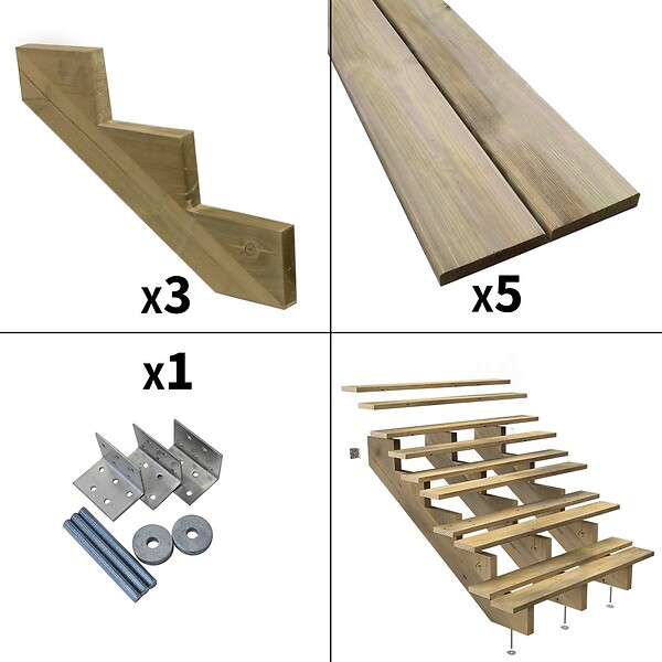 DECKLINEA - Escalier Bois Exterieur - 3 Marches - Largeur : 1m20 - Hauteur : 85cm - Sans Contremarches - Pin du Nord - Traité Autoclave - large