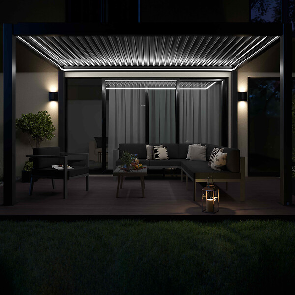 OVIALA - Pergola bioclimatique autoportée motorisée éclairée 3x4m et 3 stores - Kavala - large
