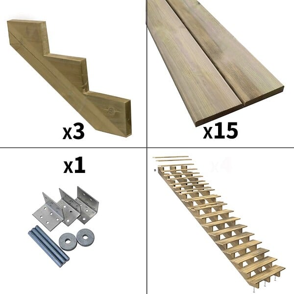 DECKLINEA - Escalier Bois Exterieur - 15 Marches - Largeur : 1m20 - Hauteur : 2m55 - Sans Contremarches - Pin du Nord - Traité Autoclave - large