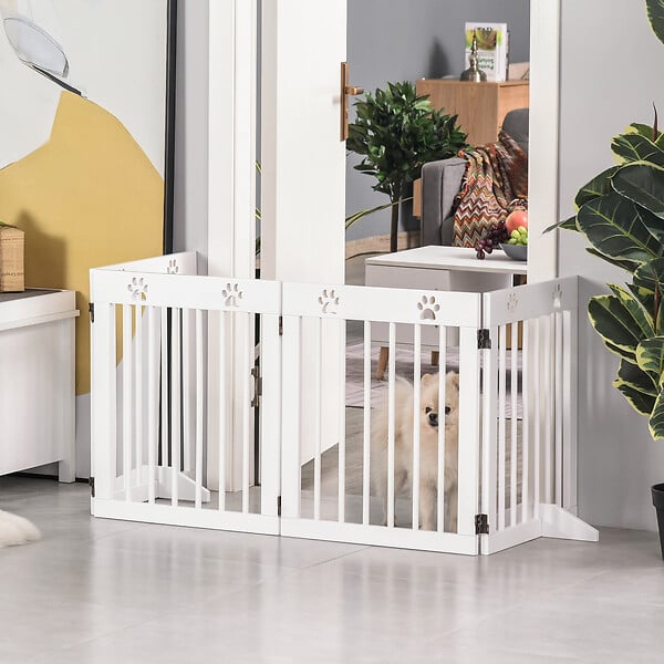 PAWHUT - Barrière de sécurité pour animaux - barrière modulable pliable 4 panneaux - motif patte - 2 pieds support - bois de pin blanc - large