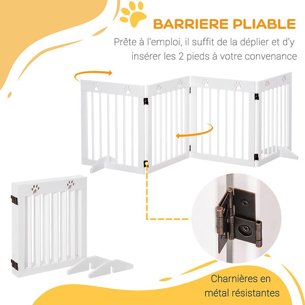 PAWHUT - Barrière de sécurité pour animaux - barrière modulable pliable 4 panneaux - motif patte - 2 pieds support - bois de pin blanc - large