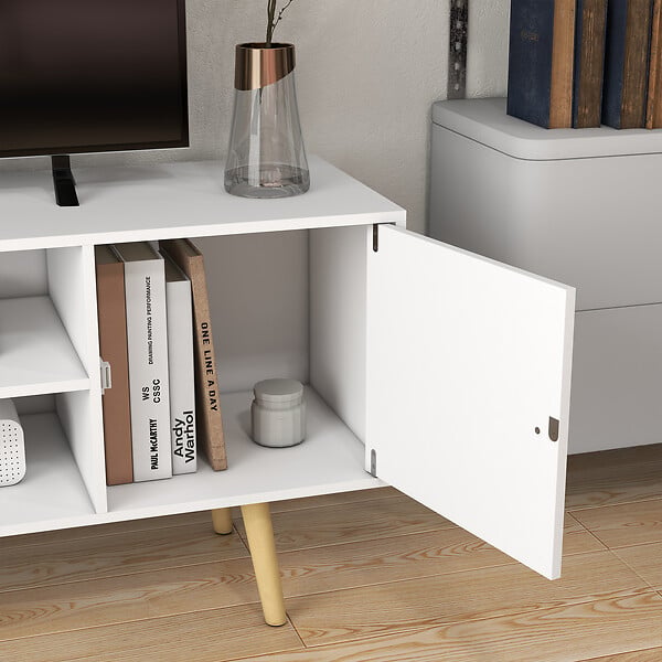 HOMCOM - Meuble TV style scandinave 2 portes 2 niches passe-fils pietement bois pin panneaux blanc - large