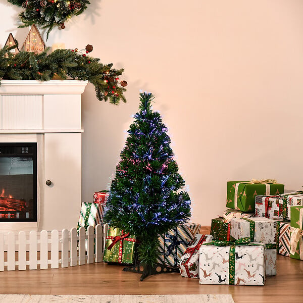 HOMCOM - Sapin de Noël artificiel lumineux fibre optique multicolore + support pied Ø 48 x 90H cm 90 branches vert - large