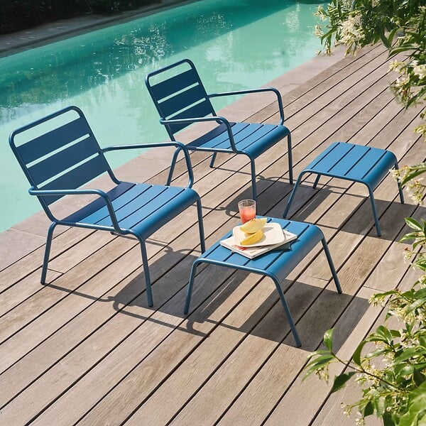OVIALA - Lot de 2 fauteuils relax avec repose-pieds en métal bleu pacific - Palavas - large