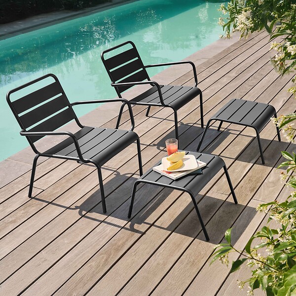 OVIALA - Lot de 2 fauteuils relax avec repose-pieds en métal gris - Palavas - large
