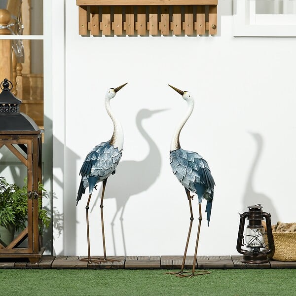 OUTSUNNY - Lot de 2 statues de jardin grues acier - large