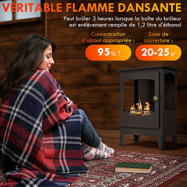 HOMCOM - Cheminée bioéthanol sur pied style néo-rétro poêle - brûleur 1,2 L - contrôle de flamme et manche inclus - acier noir - large