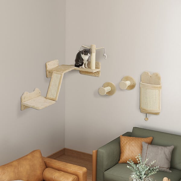 PAWHUT - Mur d'escalade pour chat - arbre à chat design mural - griffoirs, grattoirs, jeux - sisal naturel peluche beige - large