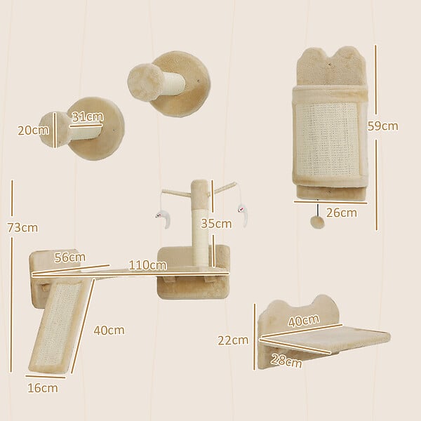 PAWHUT - Mur d'escalade pour chat - arbre à chat design mural - griffoirs, grattoirs, jeux - sisal naturel peluche beige - large