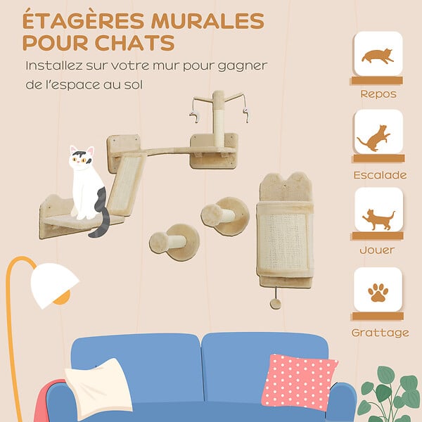 PAWHUT - Mur d'escalade pour chat - arbre à chat design mural - griffoirs, grattoirs, jeux - sisal naturel peluche beige - large