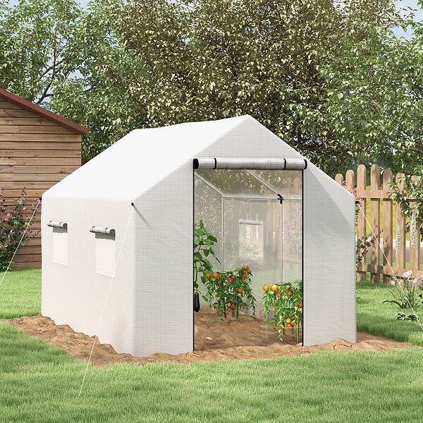 OUTSUNNY - Serre de jardin tunnel 6 m² porte 4 fenêtres acier galvanisé PE blanc - large