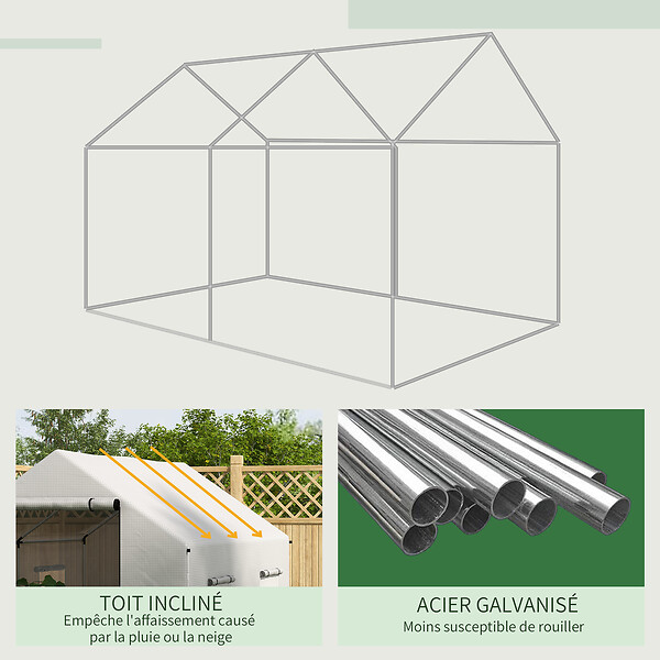 OUTSUNNY - Serre de jardin tunnel 6 m² porte 4 fenêtres acier galvanisé PE blanc - large