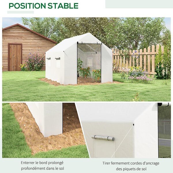 OUTSUNNY - Serre de jardin tunnel 6 m² porte 4 fenêtres acier galvanisé PE blanc - large