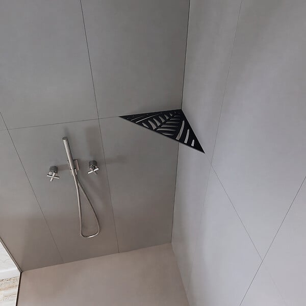 U-TILE - Etagère de douche en acier inox noir 20,4 x 20,4 cm x 2 mm - Triangulaire design Jungle - fixation sans perçage - large