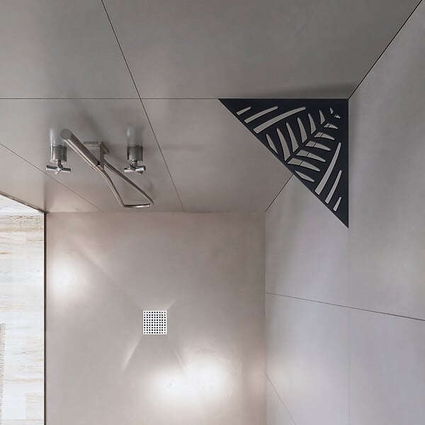 U-TILE - Etagère de douche en acier inox noir 20,4 x 20,4 cm x 2 mm - Triangulaire design Jungle - fixation sans perçage - large