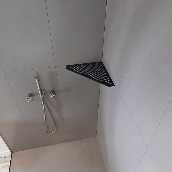 U-TILE - Etagère de douche en acier inox noir 20,4 x 20,4 cm x 2 mm - Pentagone design Aqua - fixation sans perçage - large