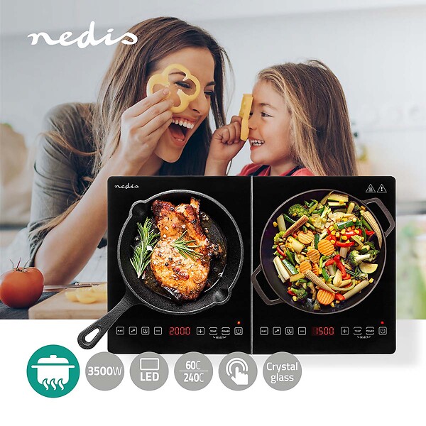 NEDIS - plaque à induction 2 foyer - sécurité enfants - 3500 w - noir - kaip124cbk2 - large