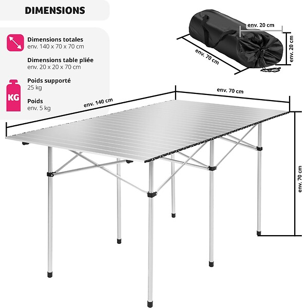TECTAKE - Table pliante de camping en aluminium avec housse, 140 x 70 x 70 cm gris - large