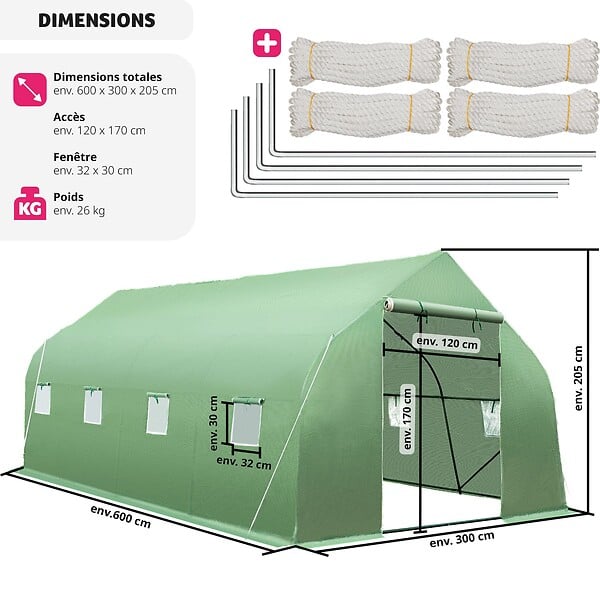 TECTAKE - Serre tunnel 18 m² 600x300x205cm vert - large