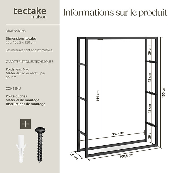TECTAKE - Porte-bûches TUBY polyvalent noir - large