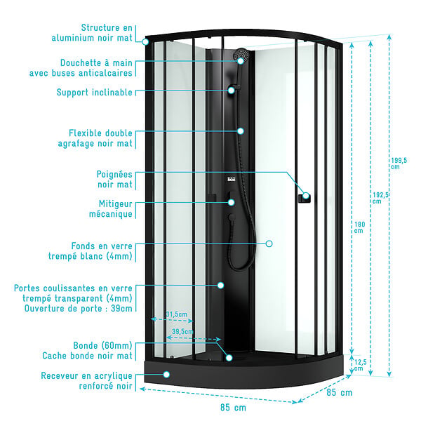 AURLANE - Cabine de douche 1/4 de cercle 85x85x200 cm - Portes coulissantes - Receveur Noir Mat - large