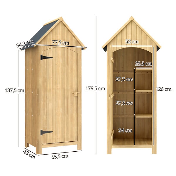 OUTSUNNY - Armoire abri de jardin remise pour outils 3 étagères porte loquet toit pente bitumé dim. 77L x 54l x 179H cm bois sapin pré-huilé - large