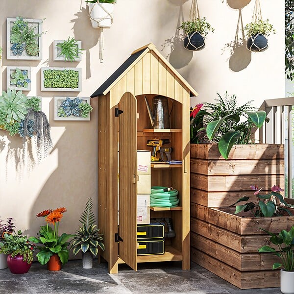 OUTSUNNY - Armoire abri de jardin remise pour outils 3 étagères porte loquet toit pente bitumé dim. 77L x 54l x 179H cm bois sapin pré-huilé - large