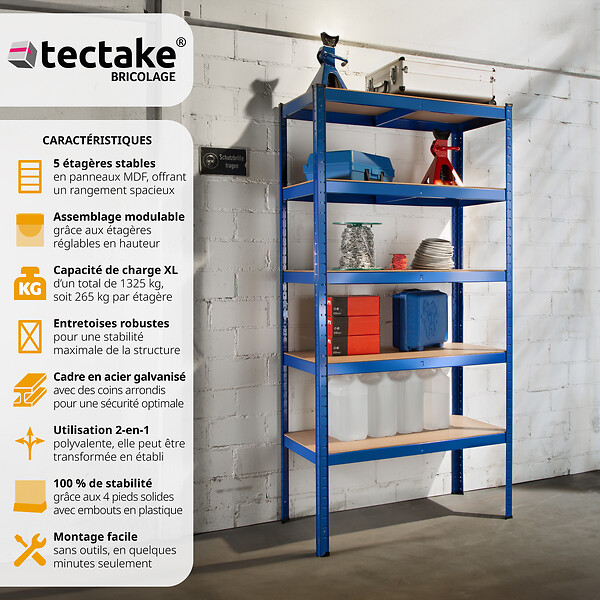 TECTAKE - Etagères charges lourdes à 5 niveaux bleu - large