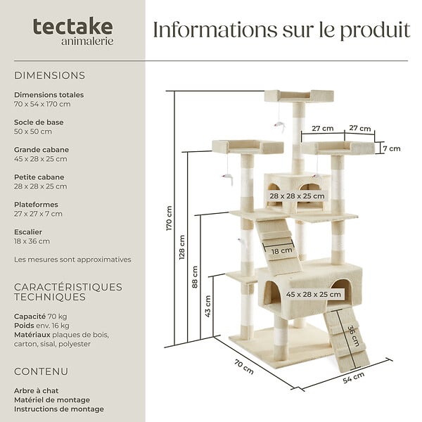 TECTAKE - Arbre à chat BARNEY 170 cm beige - large