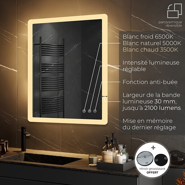 SANIVERRE - BOLEO Miroir LED lumineux 90x100 cm anti-buée, intensité 2100 lumens & couleur réglables salle de bain - large