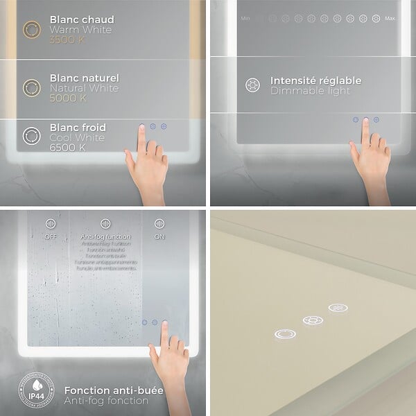 SANIVERRE - BOLEO Miroir LED lumineux 90x100 cm anti-buée, intensité 2100 lumens & couleur réglables salle de bain - large