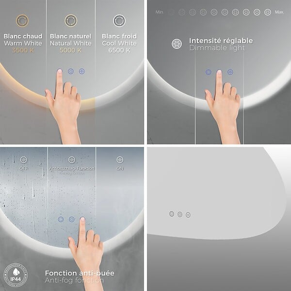 SANIVERRE - GALEO Miroir organique lumineux 60 x 80 cm antibuée + LED intensité & couleur réglables salle de bain - large